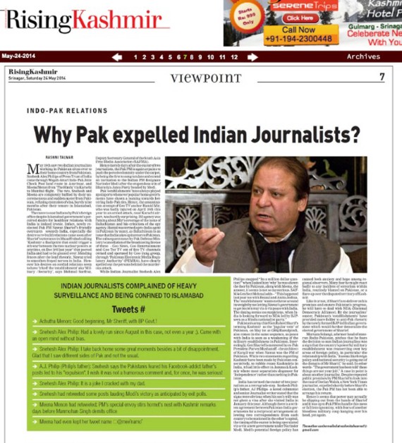 Indian Journalists ousted from Pakistan May 2014